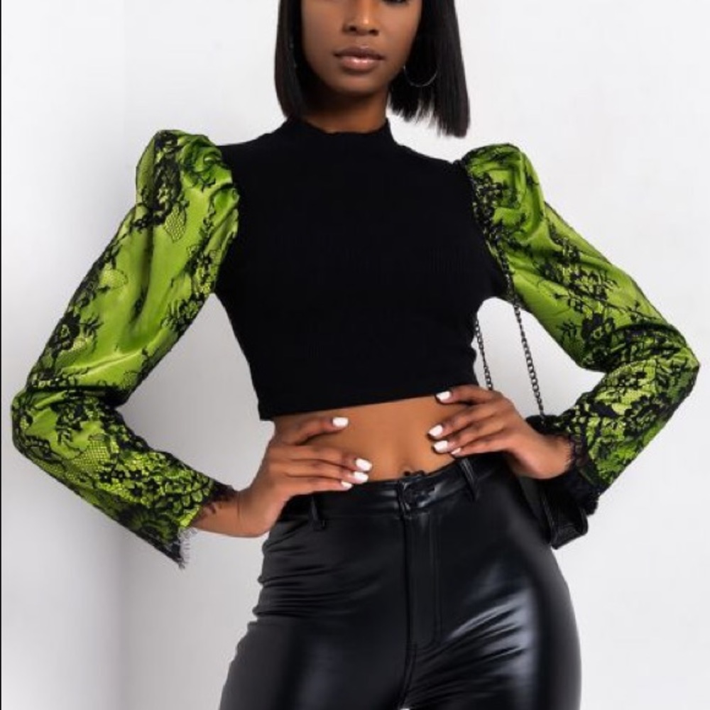 Akira puff sleeve lace mock neck top new